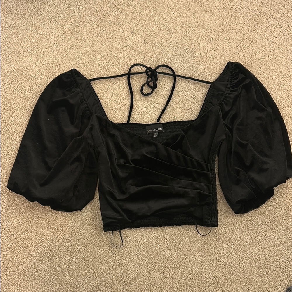 Black Velour Puff Sleeve Top